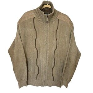 Lord Jeff Mens XL Wool Blend Heavy Knit Tan Sweater Full Zip Suede Shoulder